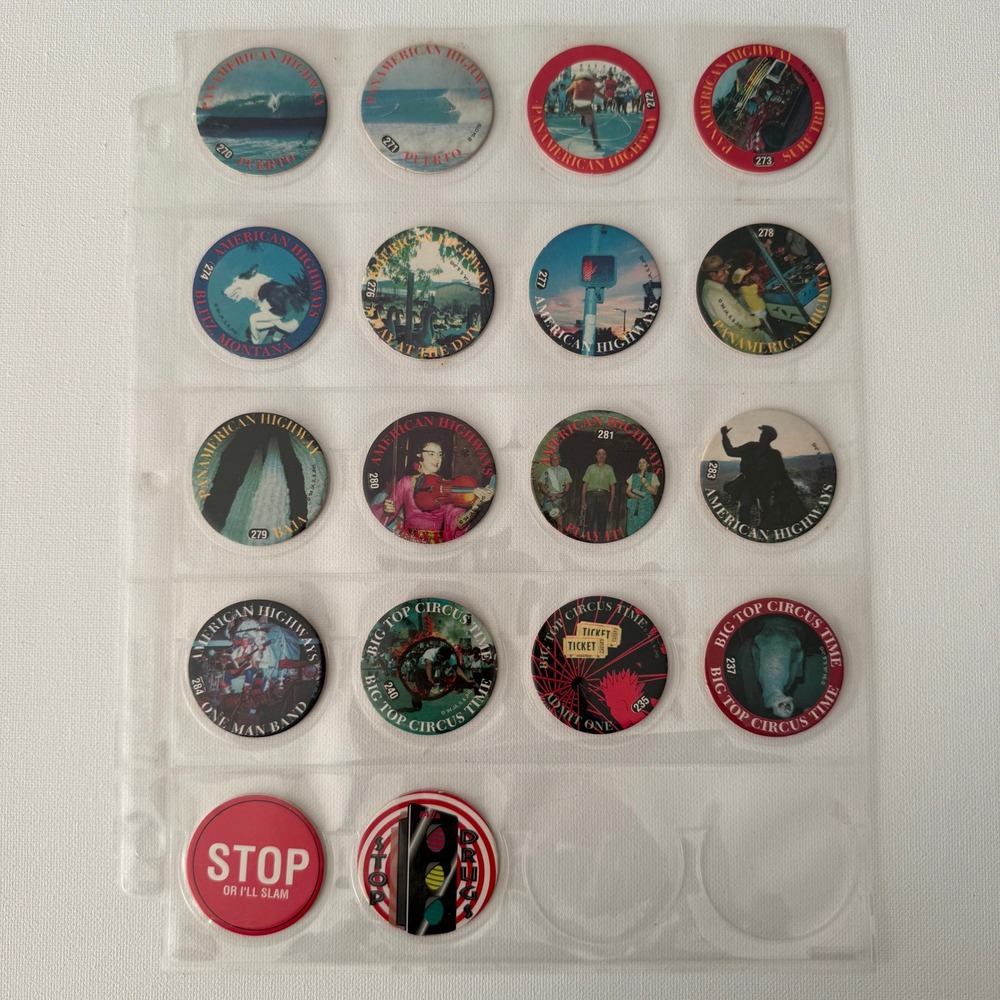 Vintage 1994 Pogs Milk Caps Lot 18pc Panamerican Highways Big Top‎ Circus Slams